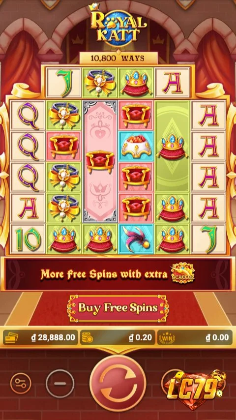 Ảnh bảng biểu tượng & tính năng game Royal Katt (slot FASTSPIN) chơi tại LC79