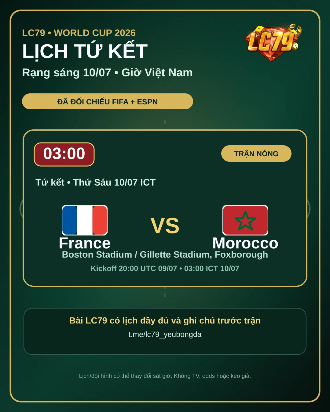 Lịch World Cup tứ kết France vs Morocco rạng sáng 10/07 theo giờ Việt Nam - LC79
