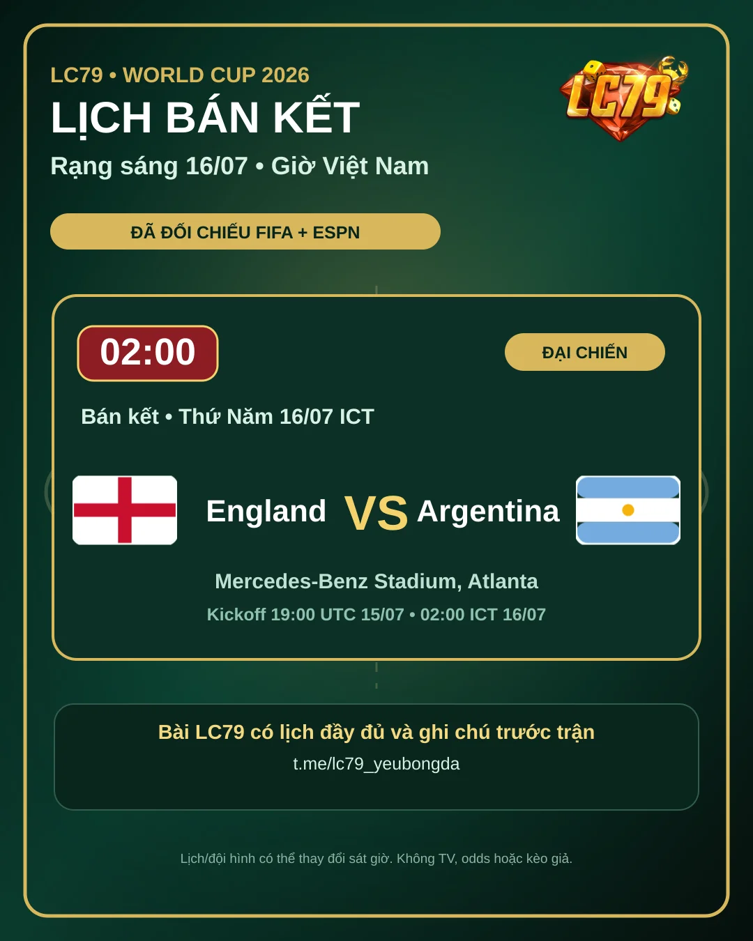 Lịch World Cup bán kết England vs Argentina rạng sáng 16/07 theo giờ Việt Nam - LC79