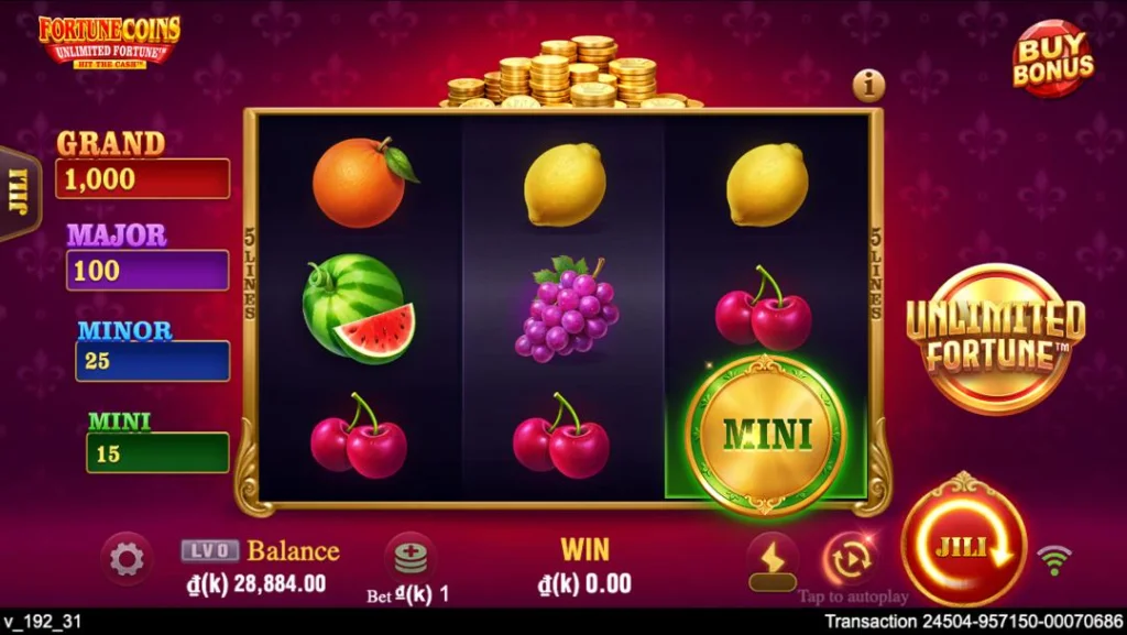 Ảnh giao diện chính game Fortune Coins Unlimited Fortune (slot JILI) chơi tại LC79