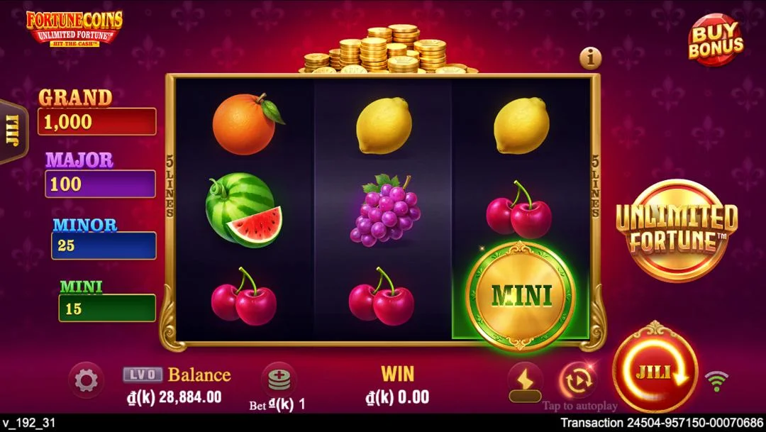 Ảnh giao diện chính game Fortune Coins Unlimited Fortune (slot JILI) chơi tại LC79