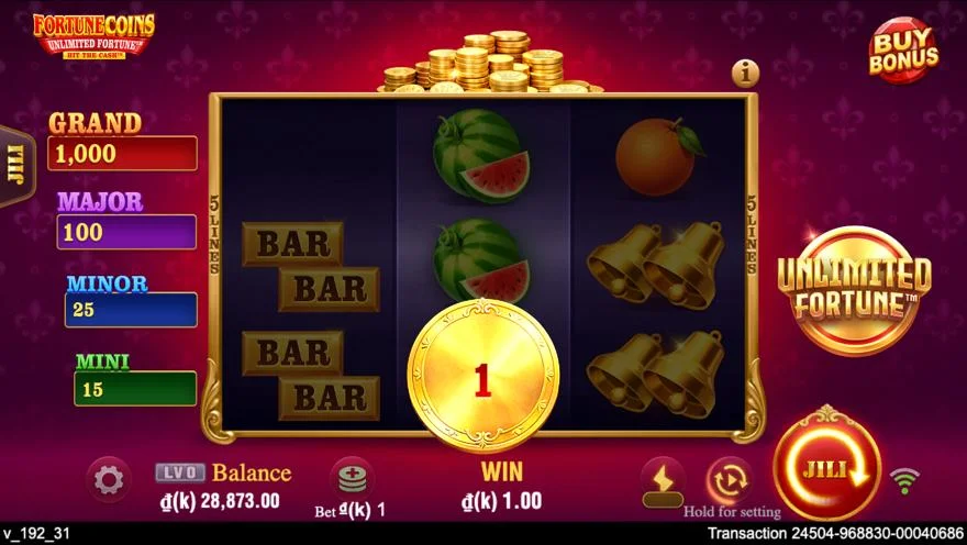 Ảnh bảng biểu tượng & tính năng game Fortune Coins Unlimited Fortune (slot JILI) chơi tại LC79
